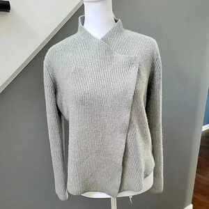 August 1 Eight Sweater Cardigan Med Grey Ribbed Mock Neck Knit Overlap